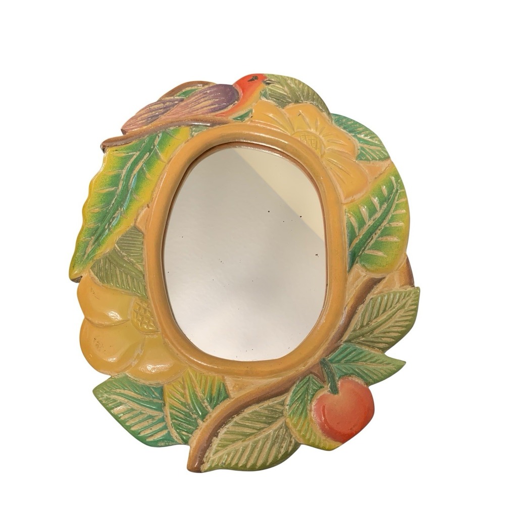 Vintage Syroco Style Tropical Floral Oval Wall Mirror Bird Fruit Accent 14x11